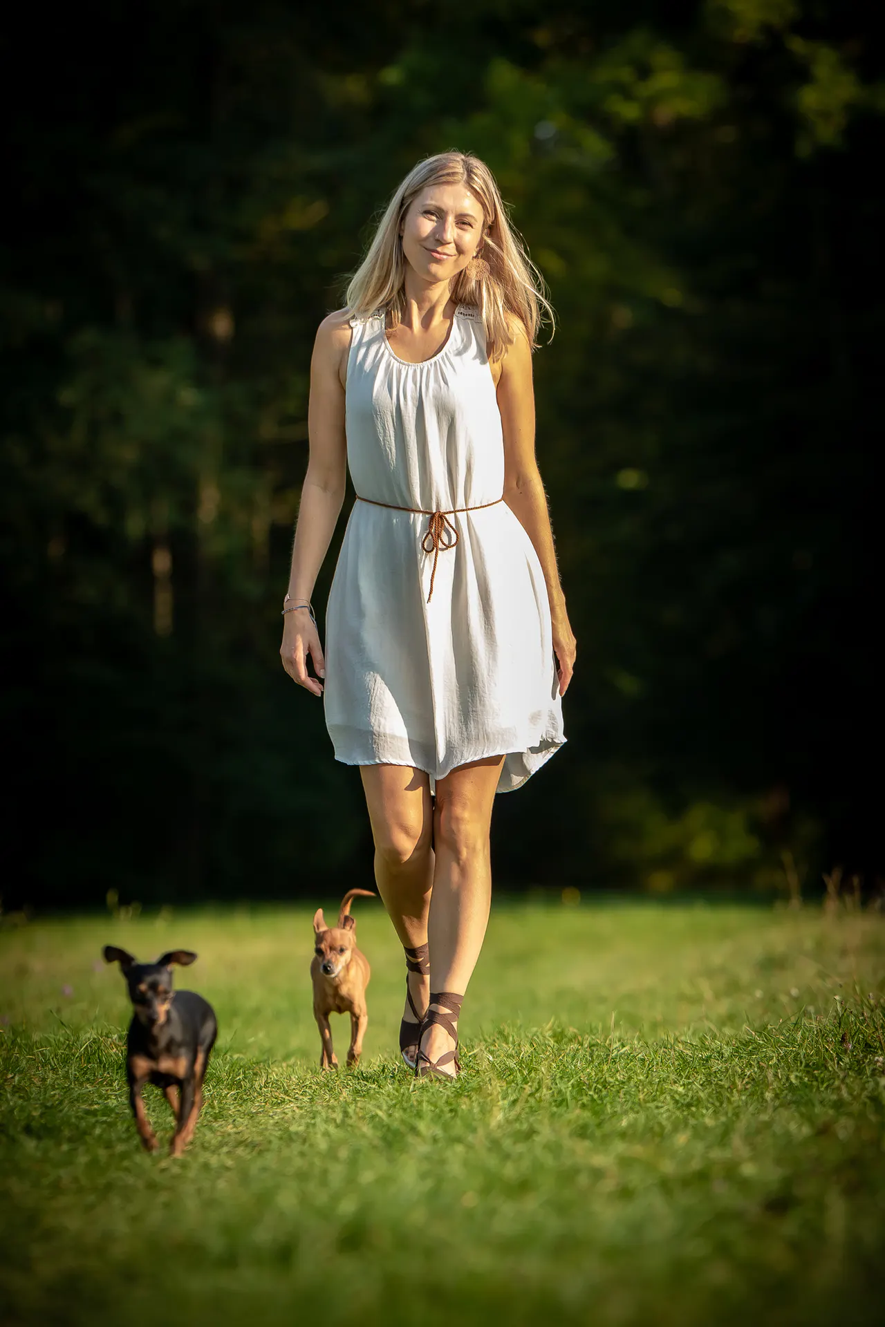 Frau und kleiner Hund auf einer Wiese
